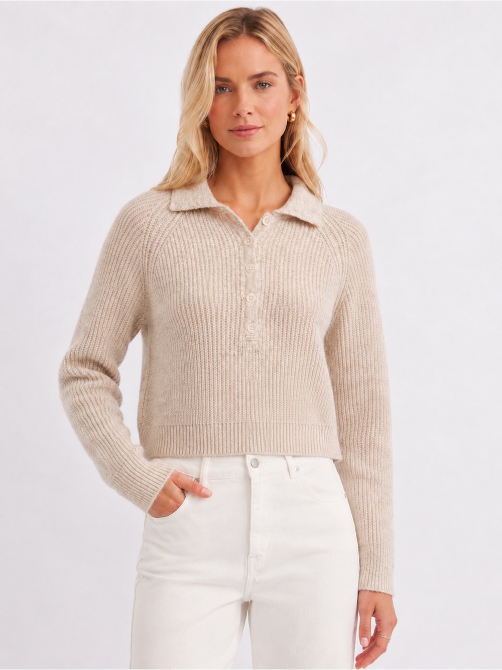 Noisy May Heather Beige Ribbed Collar Button Opening Cropped Sweater Size Small